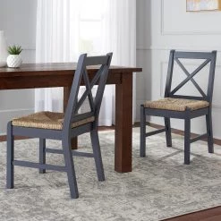 Dorsey Midnight Blue Wood Dining Chair with Cross Back and Rush Seat (Set of 2) (17.72 in. W x 35.43 in. H) by Home Decorators Collection
