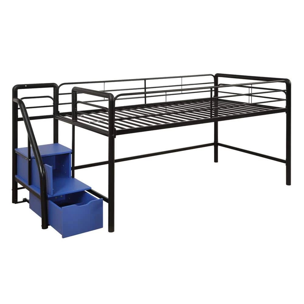 Andy Junior Twin Black/Blue Loft bed with Storage Steps by DHP