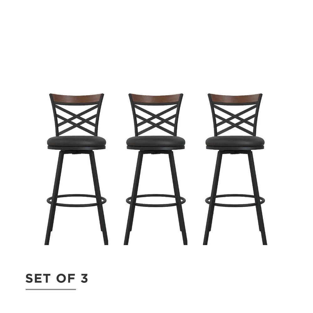 Joss Black Upholstered Faux Leather Seat Adjustable Swivel Barstool (Set of 3) by DHP