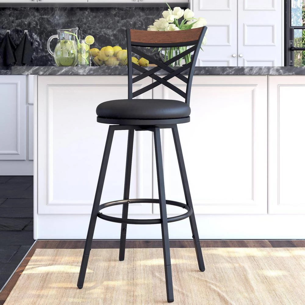 Joss Black Upholstered Faux Leather Seat Adjustable Swivel Barstool (Set of 3) by DHP - Image 2