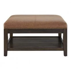 Hayesbrook Camel Upholstered Square Ottoman with Nailhead Trim and Smoke Wood Accents (32" W) by Home Decorators Collection