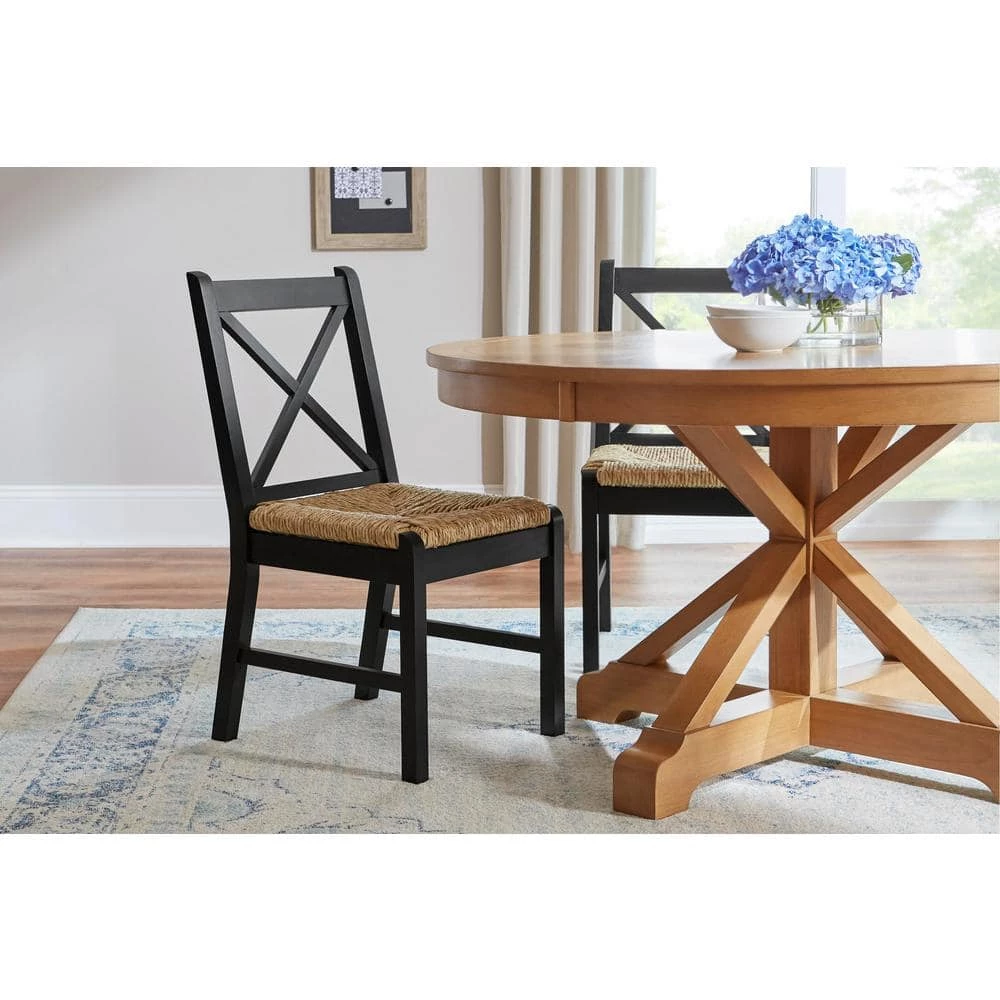 Dorsey Black Wood Dining Chair with Cross Back and Rush Seat (Set of 2) (17.72 in. W x 35.43 in. H) by Home Decorators Collection