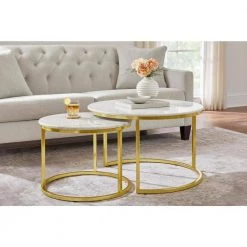 Cheval 2-Piece 31 in. Gold/Marble Medium Round Marble Coffee Table Set by Home Decorators Collection