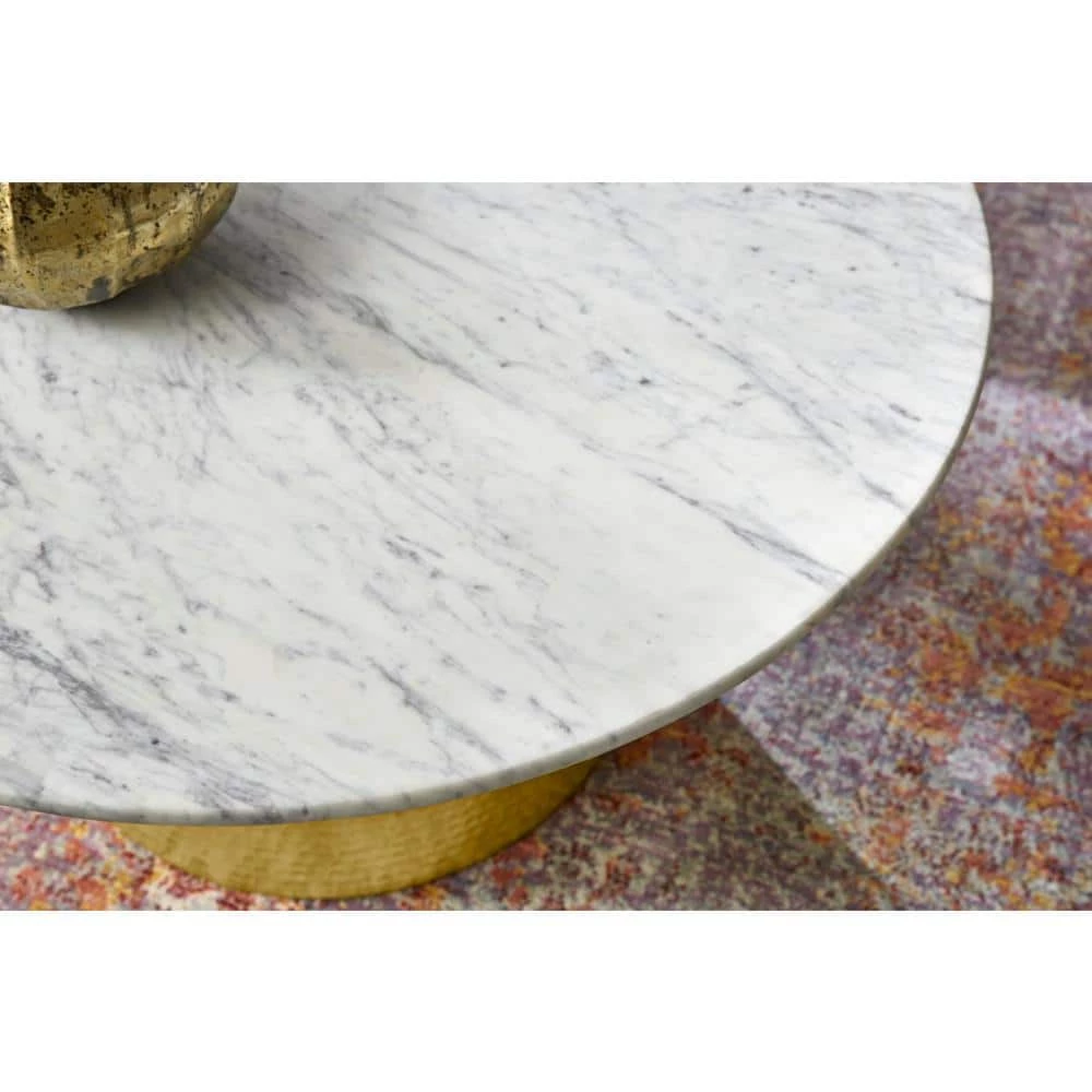 Cupertine 31 in. Gold/Marble Medium Round Marble Coffee Table with Hammered Base by Home Decorators Collection - Image 5