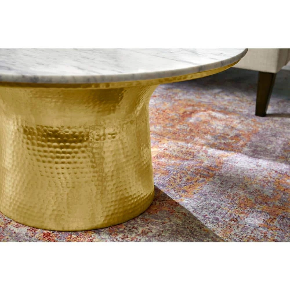 Cupertine 31 in. Gold/Marble Medium Round Marble Coffee Table with Hammered Base by Home Decorators Collection - Image 4