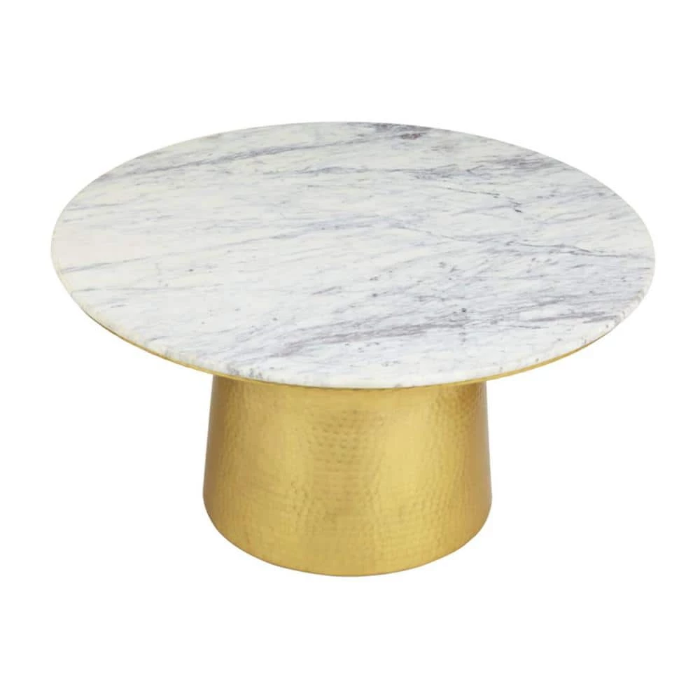 Cupertine 31 in. Gold/Marble Medium Round Marble Coffee Table with Hammered Base by Home Decorators Collection - Image 8