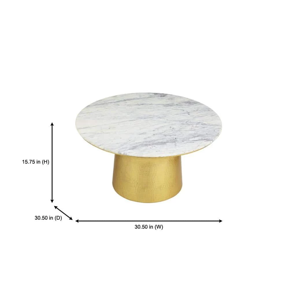 Cupertine 31 in. Gold/Marble Medium Round Marble Coffee Table with Hammered Base by Home Decorators Collection - Image 2