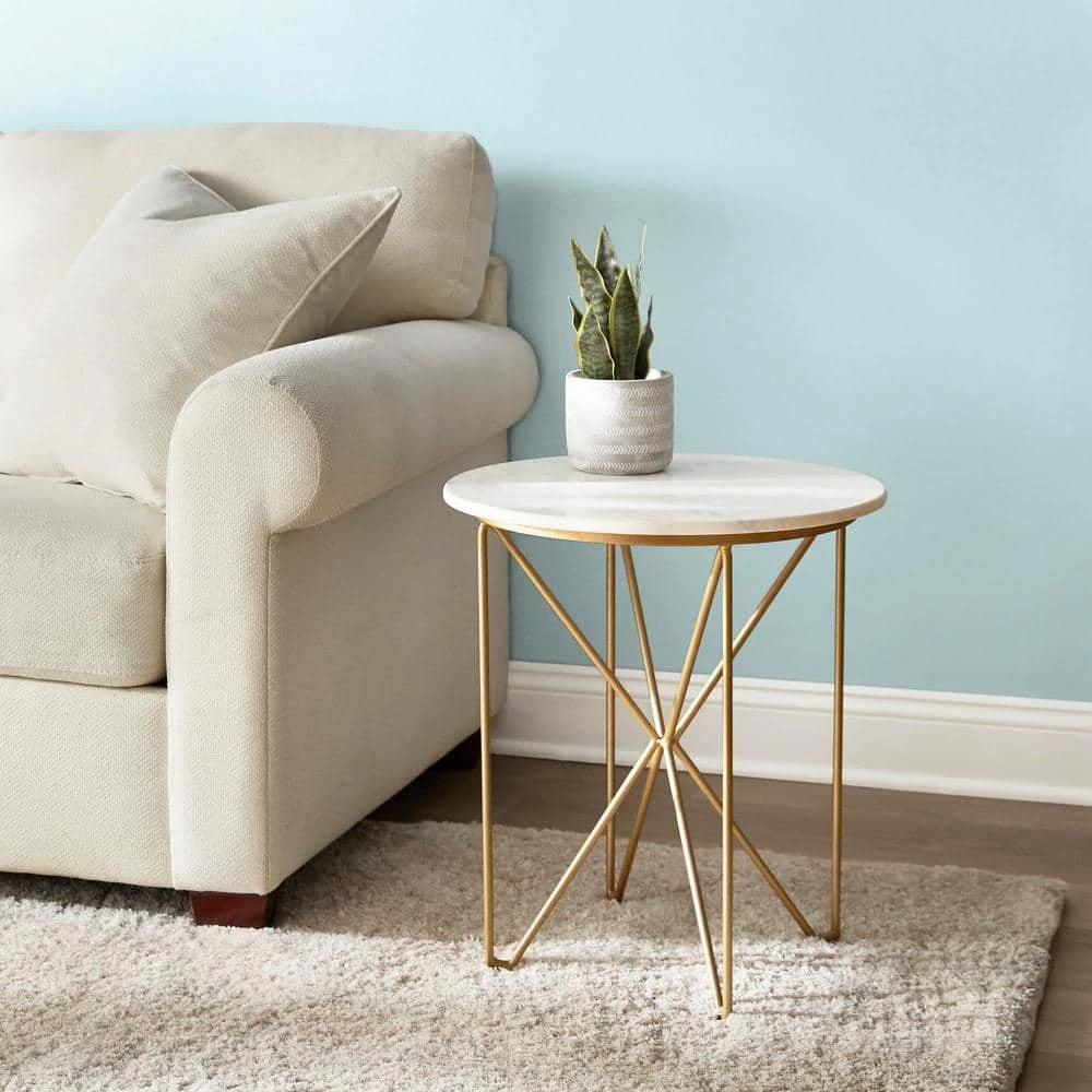 Round Accent Table With Gold Finish Wire Base And Natural Marble Top by Home Decorators Collection