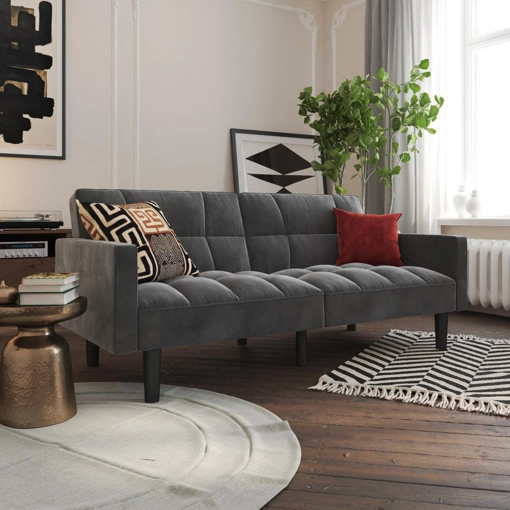 Hailey Gray Microfiber Convertible Sofa Sleeper Futon with Arms by DHP - Image 3