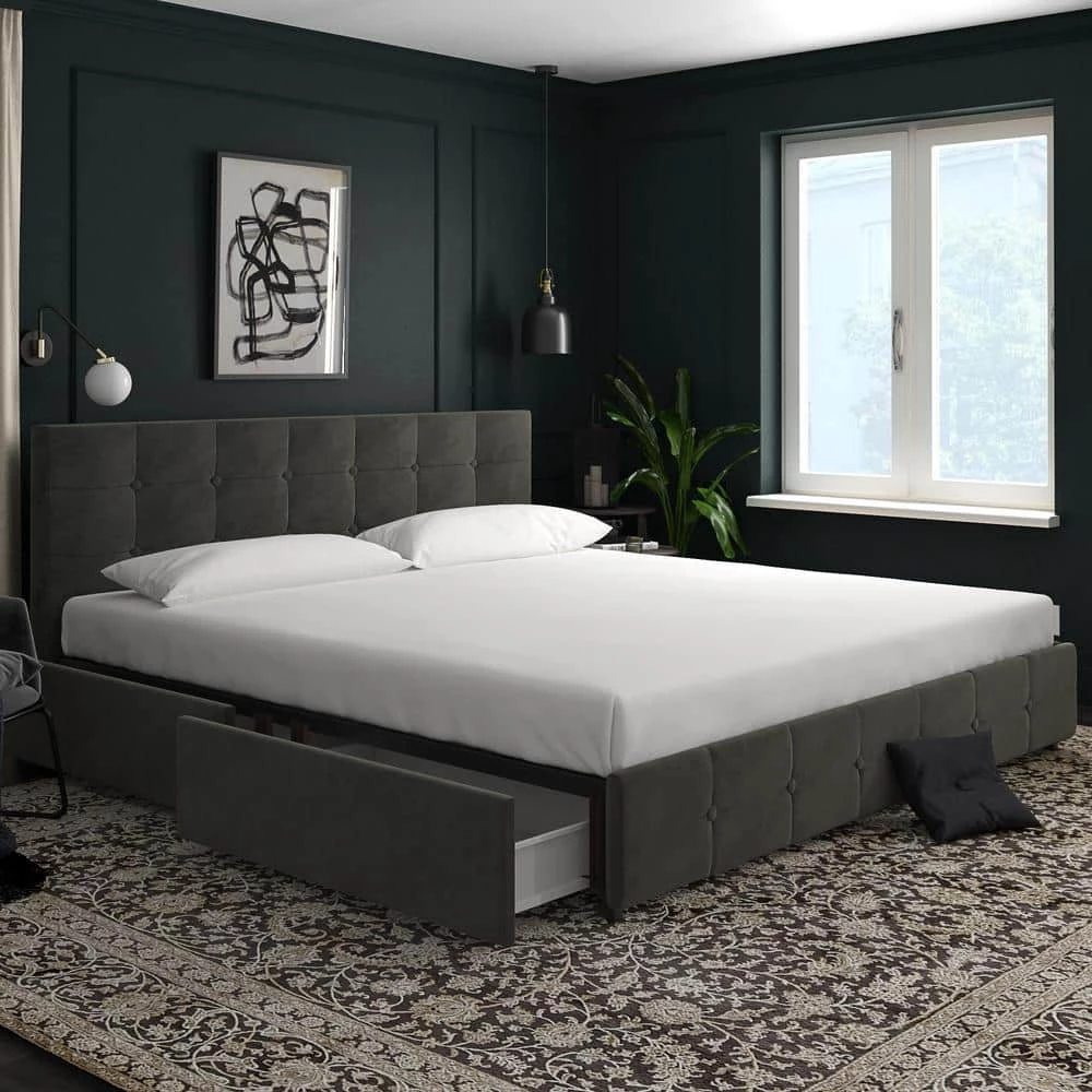Ryan Gray Velvet Upholstered King Bed with Storage by DHP - Image 2