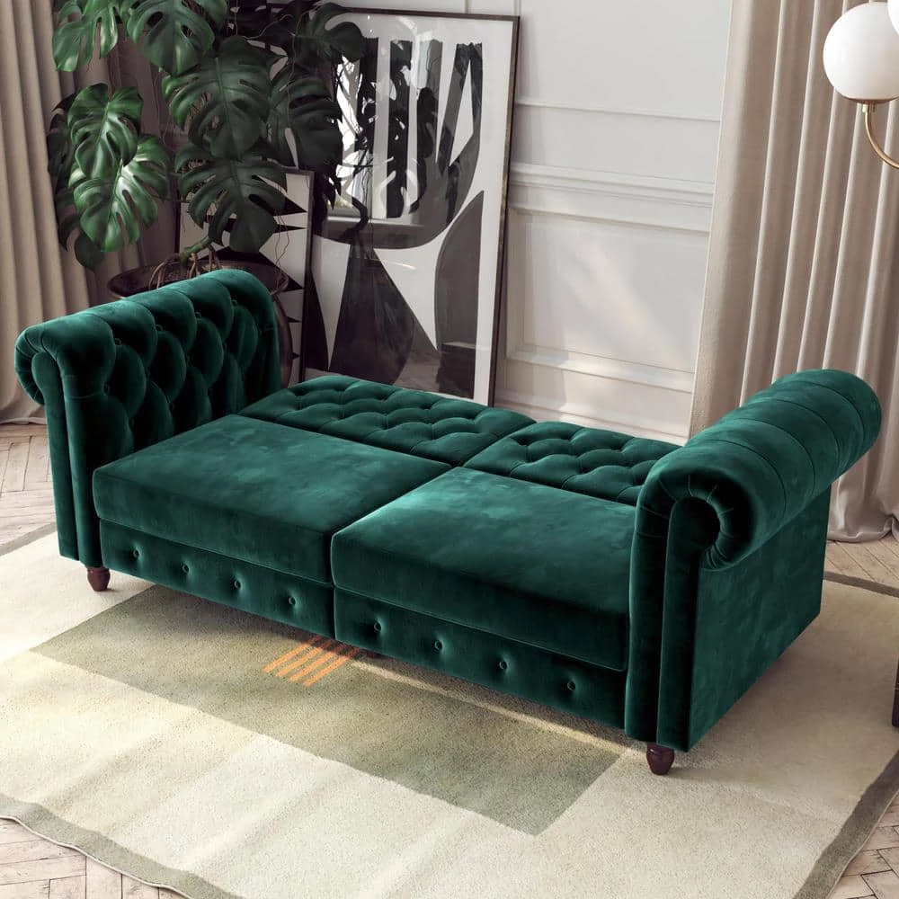 Furini Green Velvet Sofa Futon Mattress by DHP - Image 14