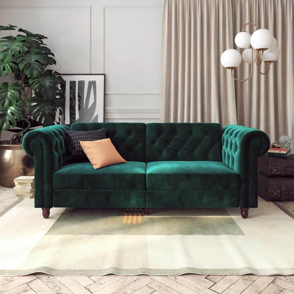 Furini Green Velvet Sofa Futon Mattress by DHP - Image 3