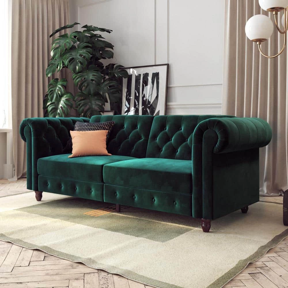 Furini Green Velvet Sofa Futon Mattress by DHP - Image 2