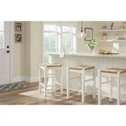 Dorsey Ivory Backless Wood Counter Stool with Woven Rush Seat by Home Decorators Collection