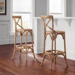 Mavery Patina Oak Finish Cross Back Bar Stool with Woven Rattan Seat by Home Decorators Collection