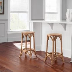 Mavery Patina Oak Finish Backless Wood Counter Stool with Woven Rattan Seat by Home Decorators Collection