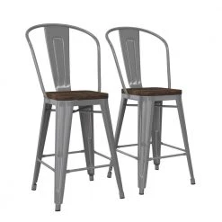 Lena 24 in. Silver Metal Counter Stool with Wood Seat, Set of 2 by DHP