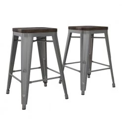Penelope 24 in. Silver Metal Counter Stool with Wood Seat, Set of 2 by DHP