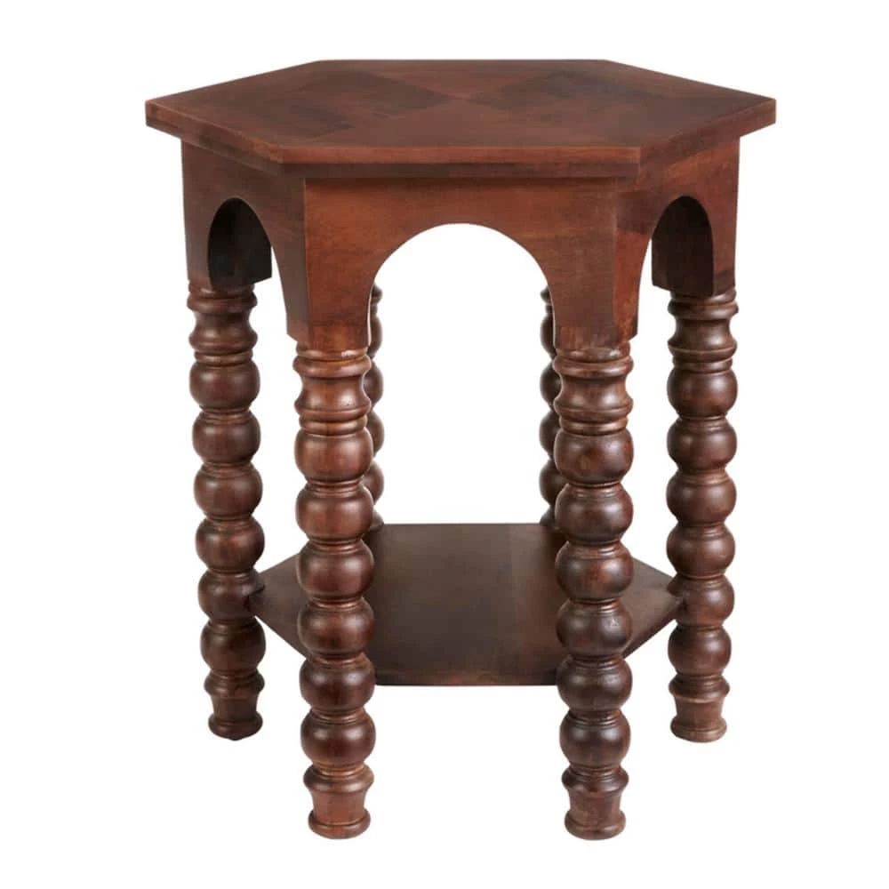 Castine Hexagonal Walnut Finish Wood End Table with Detailed Legs (22 in. W x 24 in. H) by Home Decorators Collection