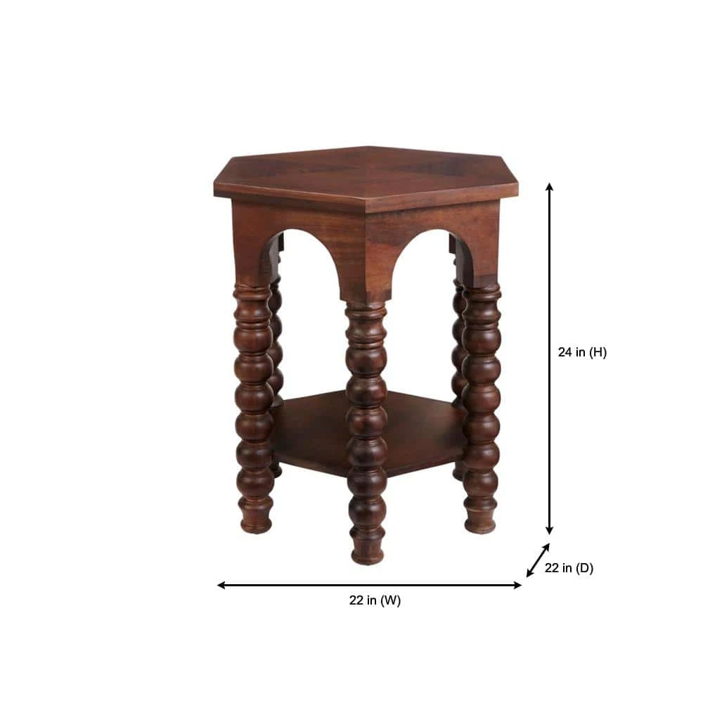 Castine Hexagonal Walnut Finish Wood End Table with Detailed Legs (22 in. W x 24 in. H) by Home Decorators Collection - Image 2