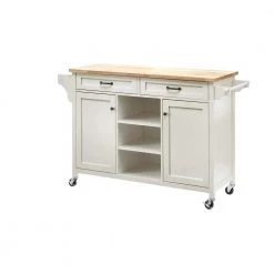 Rockford White Rolling Kitchen Cart with Butcher Block Top and Double-Drawer Storage (56" W) by Home Decorators Collection