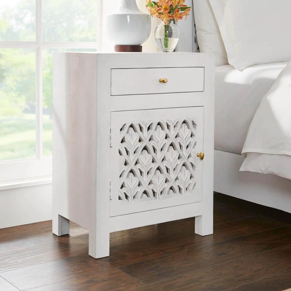 Hallie Carved Single Door 1-Drawer Whitewash Nightstand (30 in. H x 22 in. W x 15 in. D) by Home Decorators Collection - Image 3