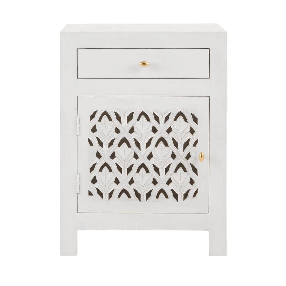 Hallie Carved Single Door 1-Drawer Whitewash Nightstand (30 in. H x 22 in. W x 15 in. D) by Home Decorators Collection