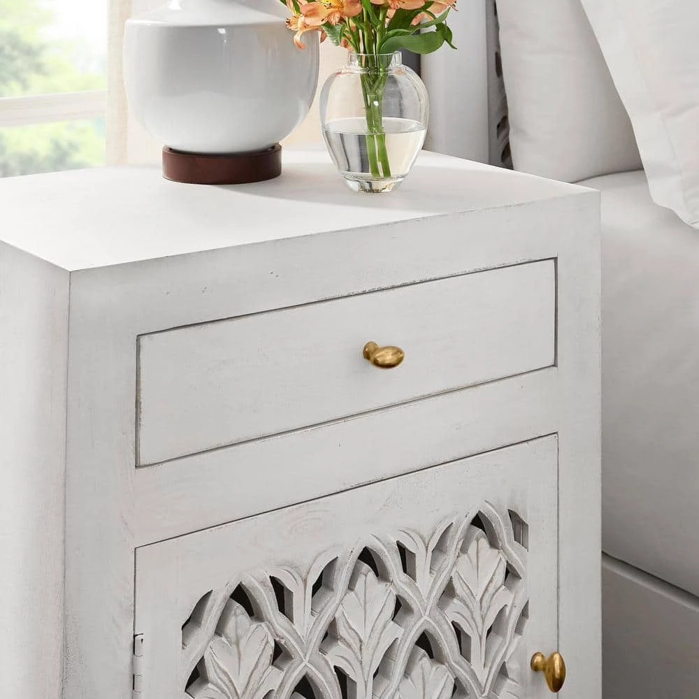 Hallie Carved Single Door 1-Drawer Whitewash Nightstand (30 in. H x 22 in. W x 15 in. D) by Home Decorators Collection - Image 4