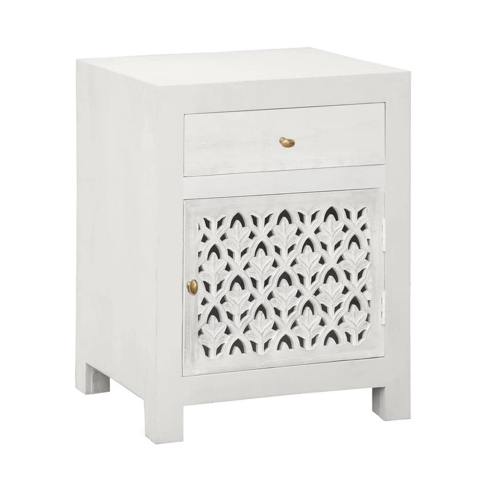 Hallie Carved Single Door 1-Drawer Whitewash Nightstand (30 in. H x 22 in. W x 15 in. D) by Home Decorators Collection - Image 8