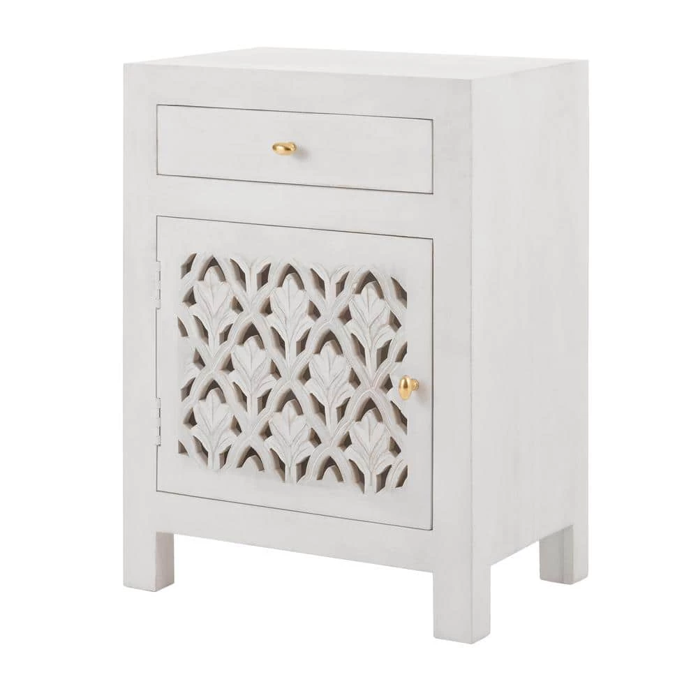 Hallie Carved Single Door 1-Drawer Whitewash Nightstand (30 in. H x 22 in. W x 15 in. D) by Home Decorators Collection - Image 2